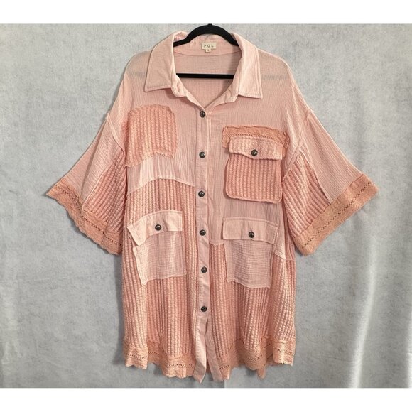 POL Women Sweater Jacket Dress Sz L Peach Button Up Long Sleeve Pockets 29-3 - Picture 1 of 14